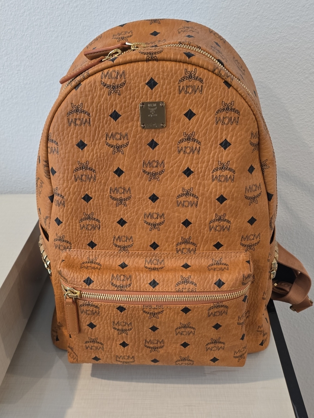 MCM Cognac Visetos Logo Backpack with Gold Hardware
